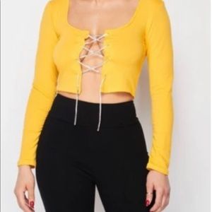 Yellow rhinestone long sleeve crop top